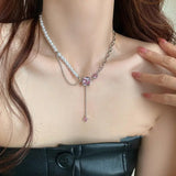 Pearl Mosaic Necklace with Geometric Gem Inlay Pendant & Pink Crystal Color snake - label