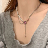 Pearl Mosaic Necklace with Geometric Gem Inlay Pendant & Pink Crystal Color snake - label