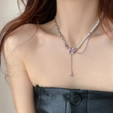 Pearl Mosaic Necklace with Geometric Gem Inlay Pendant & Pink Crystal Color snake - label