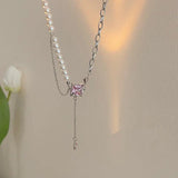 Pearl Mosaic Necklace with Geometric Gem Inlay Pendant & Pink Crystal Color snake - label