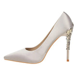 Pointy Silver High Heels - Satin, 10CM Heel, 1CM Platform snake - label