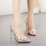 Rhinestone High Heels - Silver Pointed Toe Stilettos with 0.5cm and 11.5cm Heels snake - label