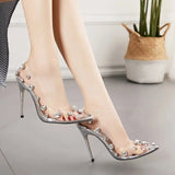 Rhinestone High Heels - Silver Pointed Toe Stilettos with 0.5cm and 11.5cm Heels snake - label