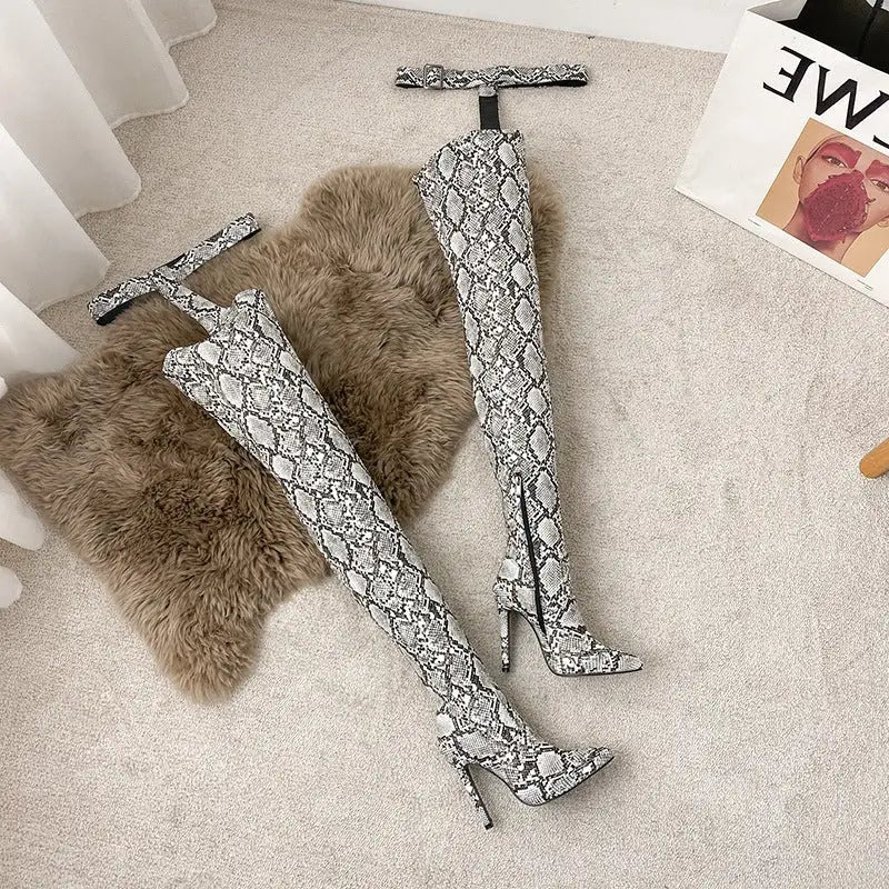 Sexy Over - The - Knee Snake Print Boots All - In - One Pants Boots Women snake - label