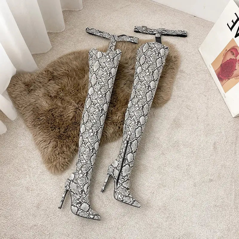 Sexy Over - The - Knee Snake Print Boots All - In - One Pants Boots Women snake - label