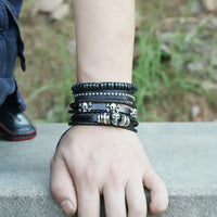 Skull Beaded Vintage Cowhide Bracelet with Geometric Skull Beads snake - label