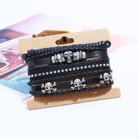 Skull Beaded Vintage Cowhide Bracelet with Geometric Skull Beads snake - label