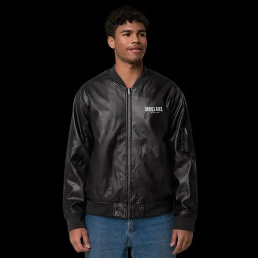 Men's Snake Leather Bomber Jacket – PU Rib - Knit Banding Jacket with Side Pockets snake - label