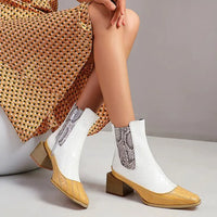 Women’s Thick Heel Pointed Snake Print Short Boots - Shoes