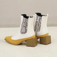 Women’s Thick Heel Pointed Snake Print Short Boots - White / 34 - Shoes