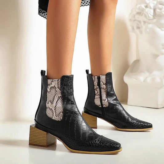 Women's Thick Heel Pointed Snake Print Short Boots snake - label