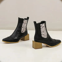 Women’s Thick Heel Pointed Snake Print Short Boots - Black / 34 - Shoes