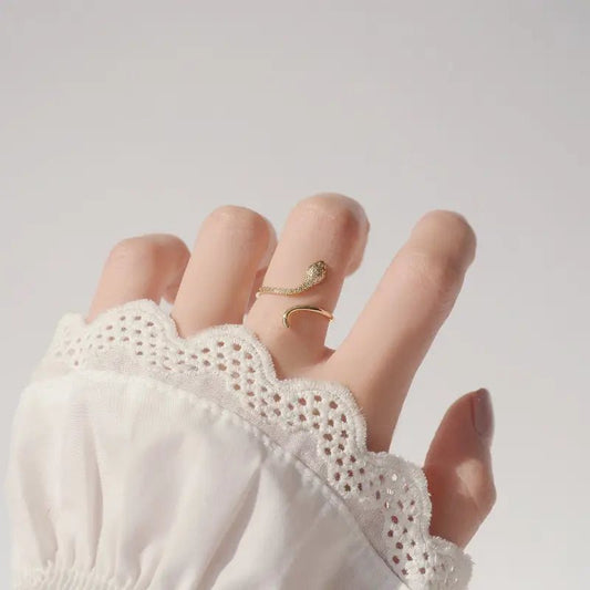 Zircon Snake Ring with Micro - Inlaid Zircon - Adjustable Open Ring Symbolizing Transformation snake - label